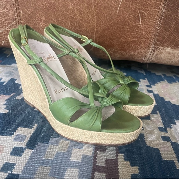 Christian Louboutin Green Leather Strappy Wicker Wedge Sandals Size 37 - Picture 2 of 12
